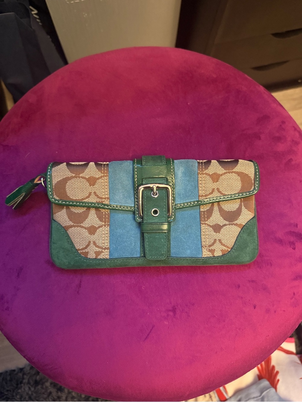 Coach Green and Blue Signature Buckle Wristlet Clutch